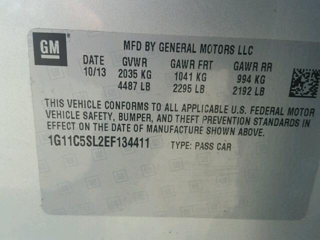 1G11C5SL2EF134411 - 2014 CHEVROLET MALIBU 1LT Արծաթագույն լուսանկար 10