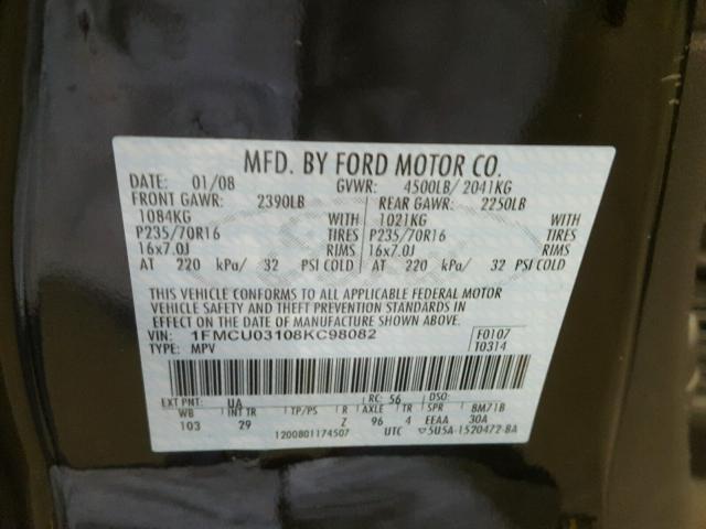 1FMCU03108KC98082 - 2008 FORD ESCAPE XLT BLACK photo 10