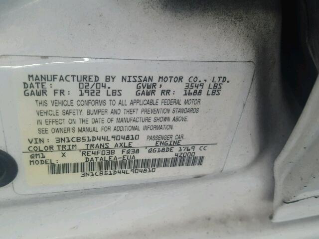 3N1CB51D44L904810 - 2004 NISSAN SENTRA 1.8 WHITE photo 10