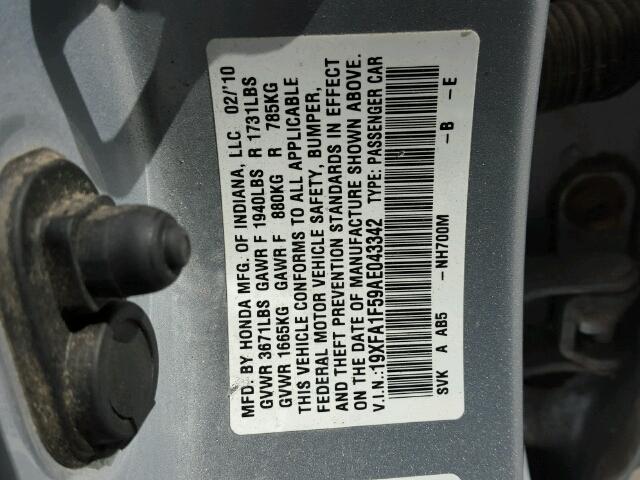 19XFA1F59AE043342 - 2010 HONDA CIVIC LX SILVER photo 10