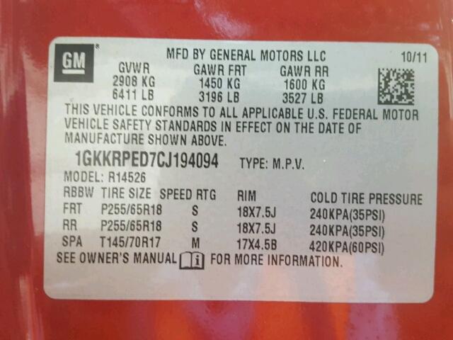 1GKKRPED7CJ194094 - 2012 GMC ACADIA SLE RED photo 10