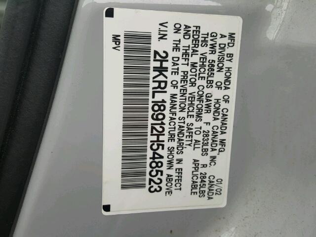 2HKRL18912H548523 - 2002 HONDA ODYSSEY SILVER photo 10