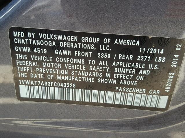 1VWAT7A33FC043328 - 2015 VOLKSWAGEN PASSAT S GRAY photo 10