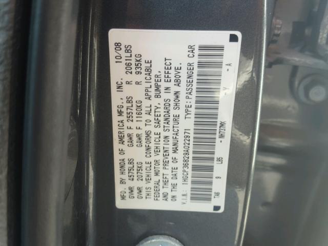 1HGCP36829A022971 - 2009 HONDA ACCORD EXL CHARCOAL photo 10