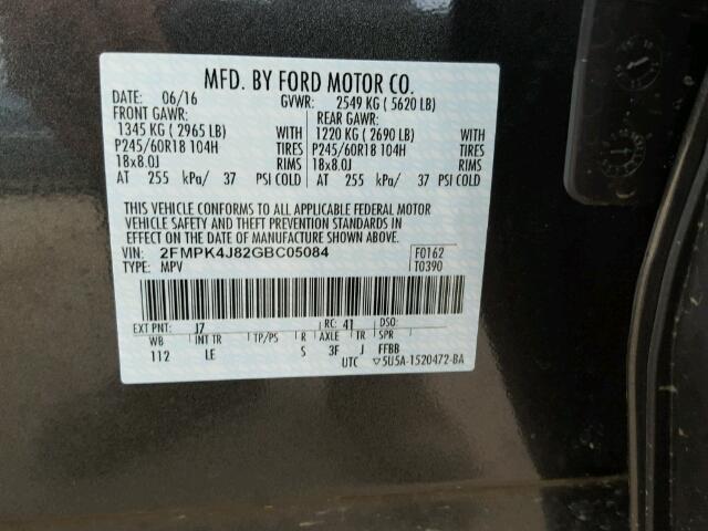 2FMPK4J82GBC05084 - 2016 FORD EDGE GRAY photo 10