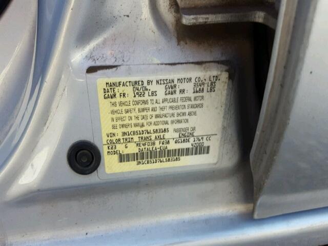 3N1CB51D76L583185 - 2006 NISSAN SENTRA 1.8 SILVER photo 10