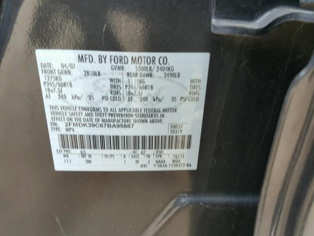 2FMDK39C67BA95887 - 2007 FORD EDGE SEL P GRAY photo 10