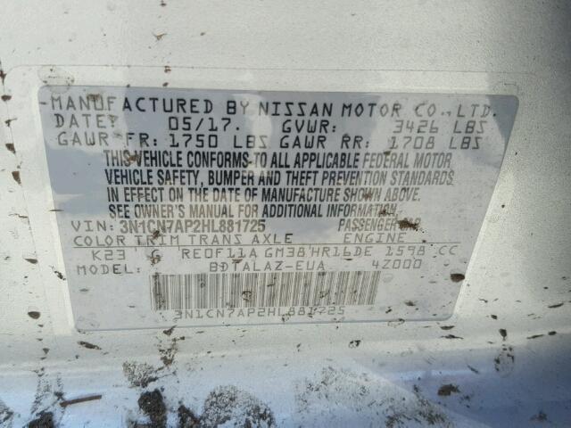 3N1CN7AP2HL881725 - 2017 NISSAN VERSA S SILVER photo 10