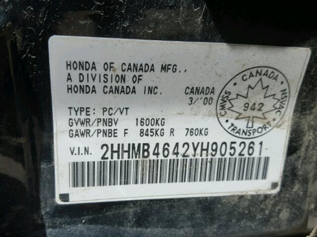 2HHMB4642YH905261 - 2000 ACURA 1.6EL SE BLACK photo 10