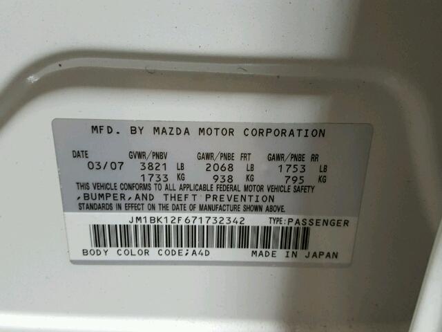 JM1BK12F671732342 - 2007 MAZDA MAZDA3I WHITE photo 10