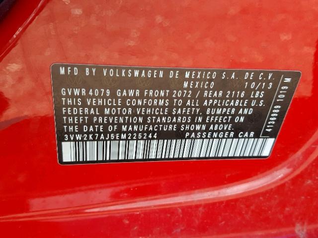 3VW2K7AJ5EM225244 - 2014 VOLKSWAGEN JETTA BASE 红色 照片 10