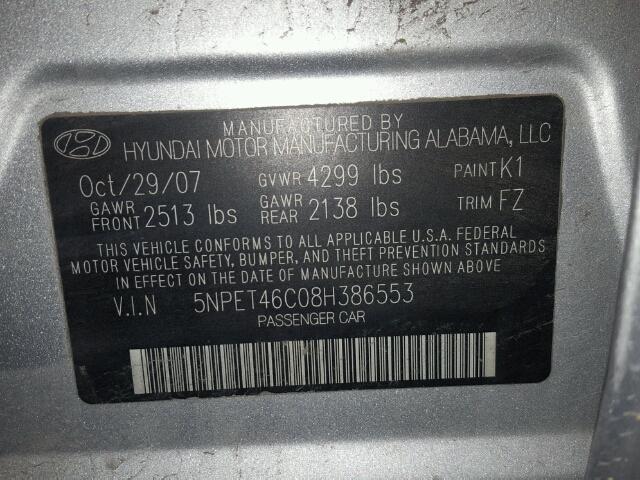 5NPET46C08H386553 - 2008 HYUNDAI SONATA GLS SILVER photo 10