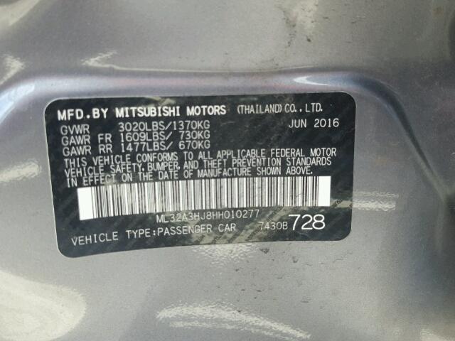 ML32A3HJ8HH010277 - 2017 MITSUBISHI MIRAGE GRAY photo 10