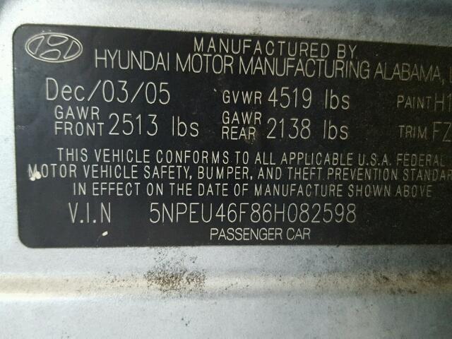 5NPEU46F86H082598 - 2006 HYUNDAI SONATA GLS SILVER photo 10