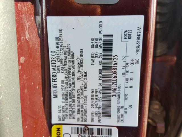 3LN6L2LU6DR816725 - 2013 LINCOLN MKZ HYBRID BURGUNDY photo 10