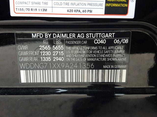 WDDNG71XX9A241356 - 2009 MERCEDES-BENZ S 550 BLACK photo 10