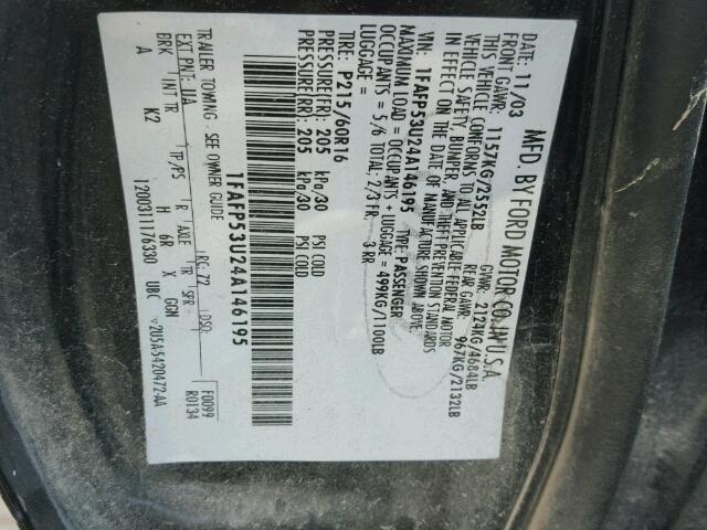 1FAFP53U24A146195 - 2004 FORD TAURUS BLACK photo 10