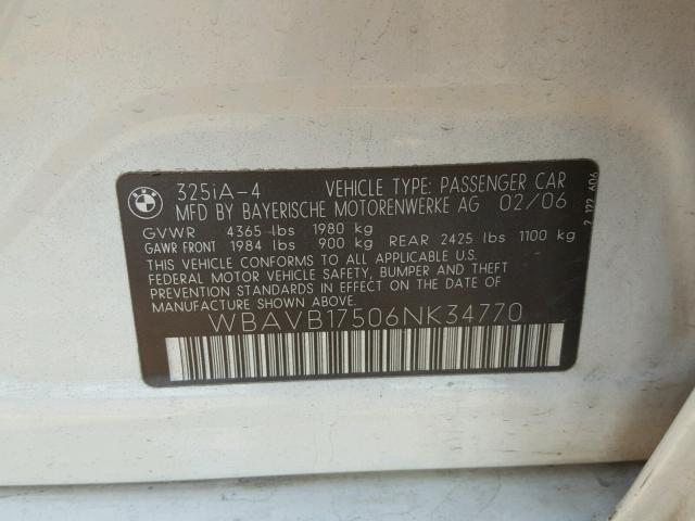 WBAVB17506NK34770 - 2006 BMW 325 I AUTO WHITE photo 10