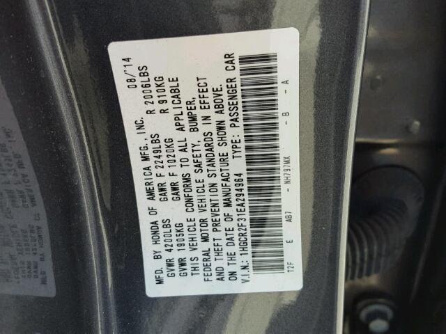 1HGCR2F31EA294964 - 2014 HONDA ACCORD LX GRAY photo 10