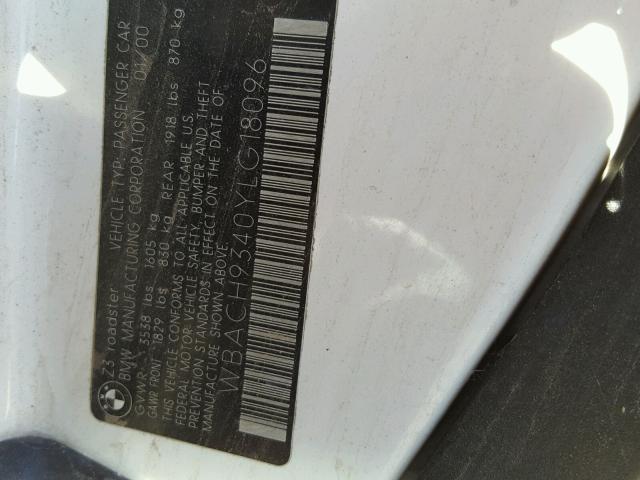 WBACH9340YLG18096 - 2000 BMW Z3 2.3 WHITE photo 10