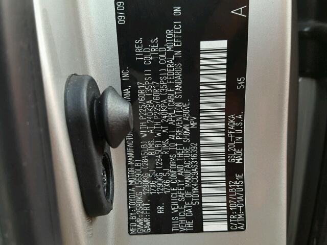 5TDYK4CC9AS316392 - 2010 TOYOTA SIENNA XLE SILVER photo 10