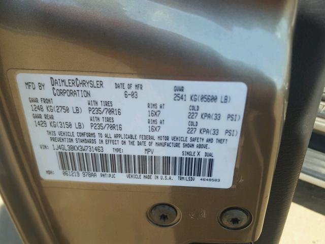 1J4GL38KX3W731463 - 2003 JEEP LIBERTY RE BROWN photo 10