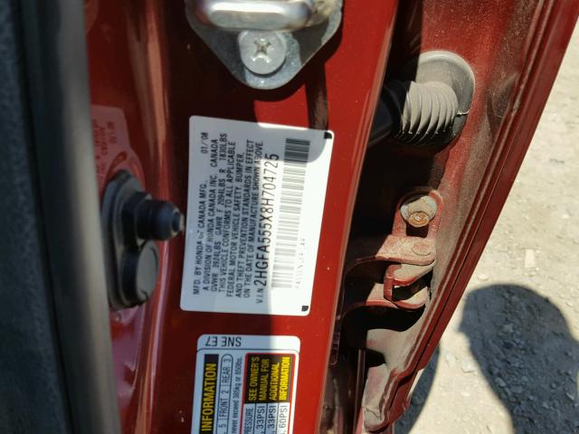 2HGFA555X8H704725 - 2008 HONDA CIVIC SI RED photo 10