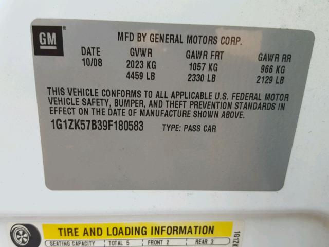 1G1ZK57B39F180583 - 2009 CHEVROLET MALIBU LTZ 白色 照片 10