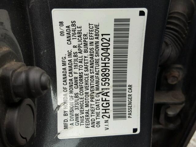 2HGFA15989H504021 - 2009 HONDA CIVIC EXL ნაცრისფერი ფოტო 10