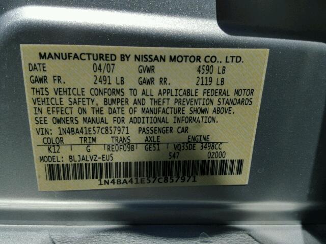 1N4BA41E57C857971 - 2007 NISSAN MAXIMA SE SILVER photo 10