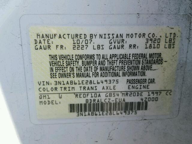 3N1AB61E28L649375 - 2008 NISSAN SENTRA 2.0 WHITE photo 10