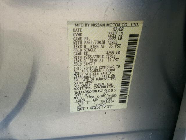 5N1AA08C48N629285 - 2008 NISSAN ARMADA SE SILVER photo 10