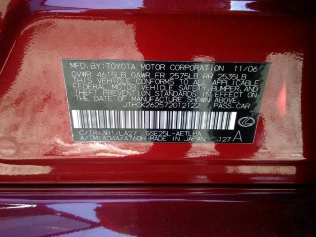 JTHCK262572012122 - 2007 LEXUS IS 250 RED photo 10