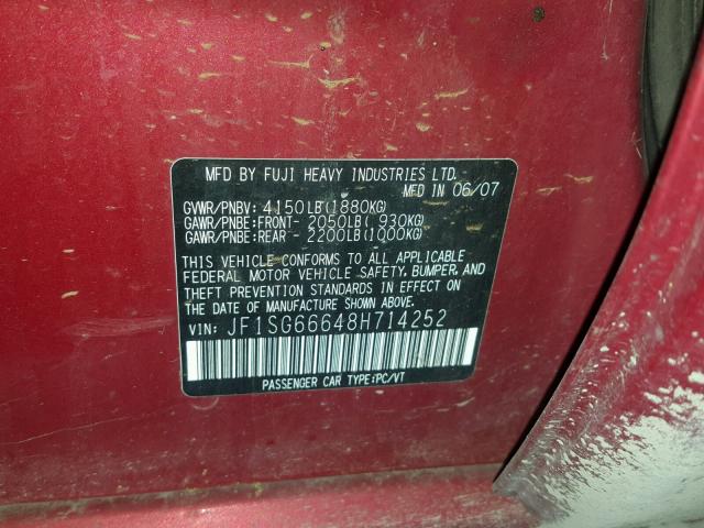 JF1SG66648H714252 - 2008 SUBARU FORESTER S 红色 照片 10