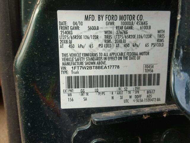 1FT7W2BT8BEA17778 - 2011 FORD F250 SUPER GREEN photo 10