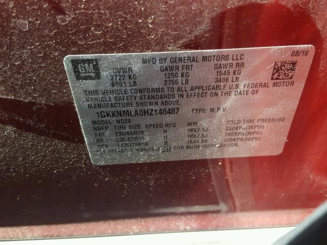 1GKKNMLA0HZ148487 - 2017 GMC ACADIA SLT 红色 照片 10