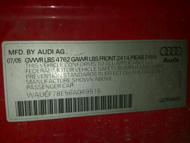 WAUEF78E56A049515 - 2006 AUDI A4 S-LINE RED photo 10