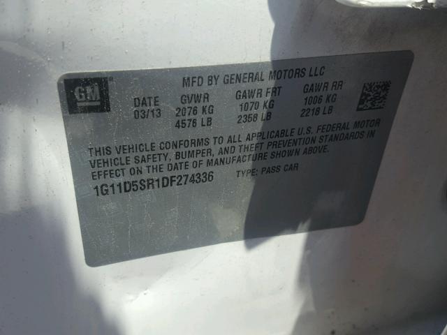 1G11D5SR1DF274336 - 2013 CHEVROLET MALIBU 1LT WHITE photo 10