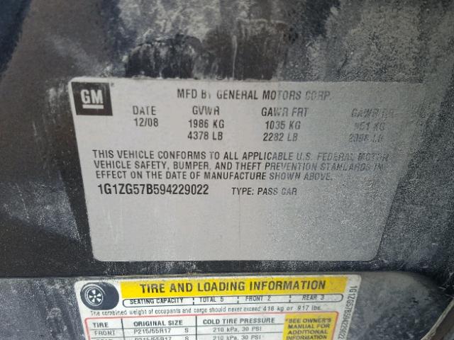 1G1ZG57B594229022 - 2009 CHEVROLET MALIBU LS BLACK photo 10