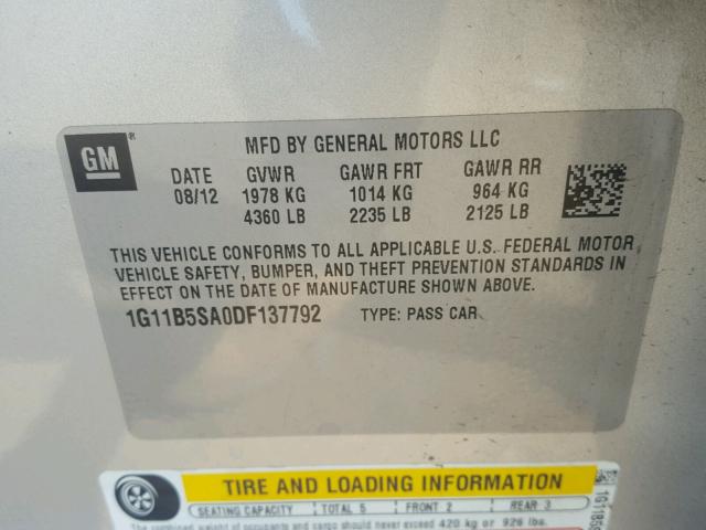 1G11B5SA0DF137792 - 2013 CHEVROLET MALIBU LS ვერცხლისფერი ფოტო 10