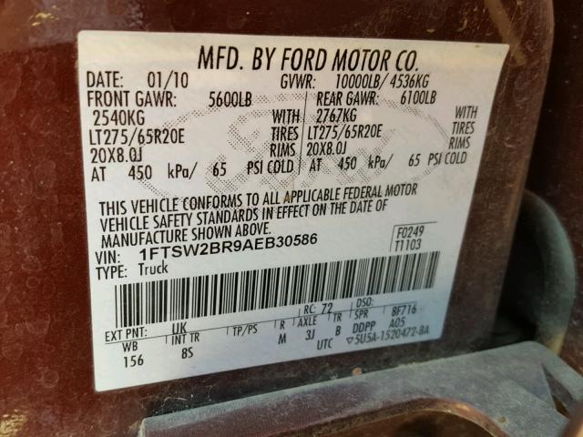 1FTSW2BR9AEB30586 - 2010 FORD F250 SUPER MAROON photo 10