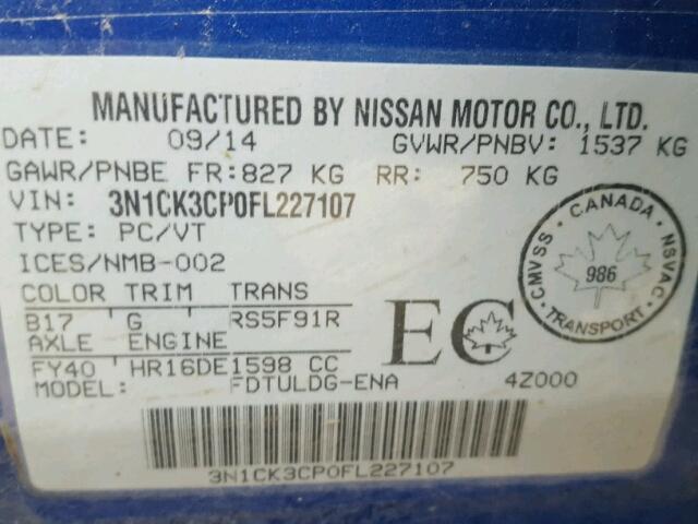 3N1CK3CP0FL227107 - 2015 NISSAN MICRA BLUE photo 10