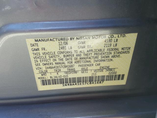 1N4BA41E57C841687 - 2007 NISSAN MAXIMA SE SILVER photo 10