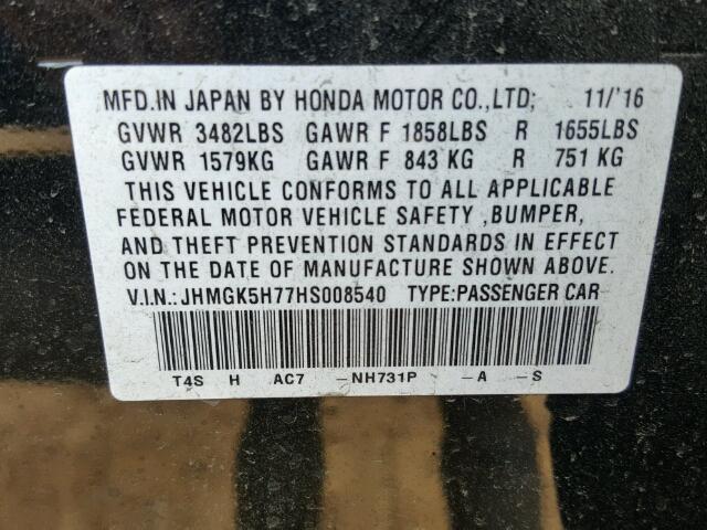 JHMGK5H77HS008540 - 2017 HONDA FIT EX BLACK photo 10