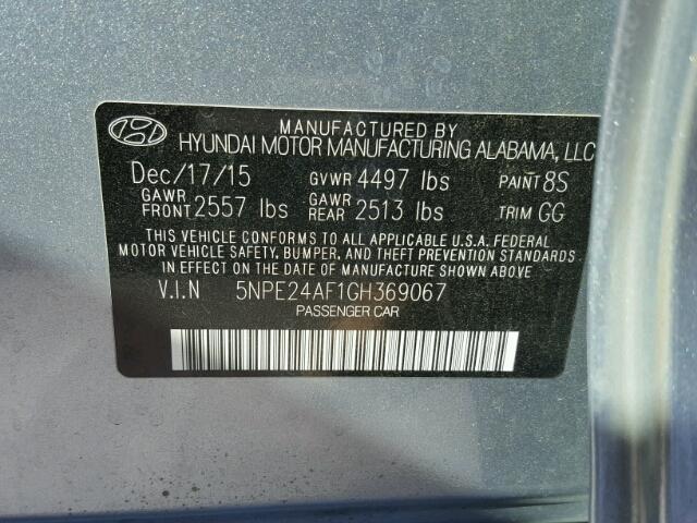 5NPE24AF1GH369067 - 2016 HYUNDAI SONATA SE GRAY photo 10