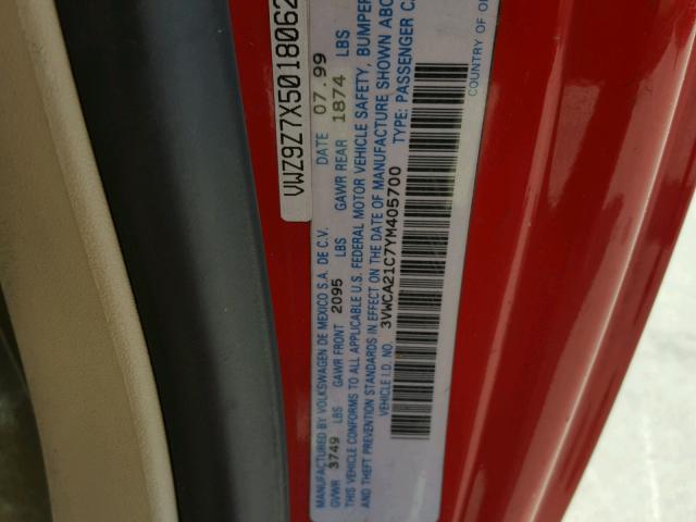 3VWCA21C7YM405700 - 2000 VOLKSWAGEN NEW BEETLE 红色 照片 10