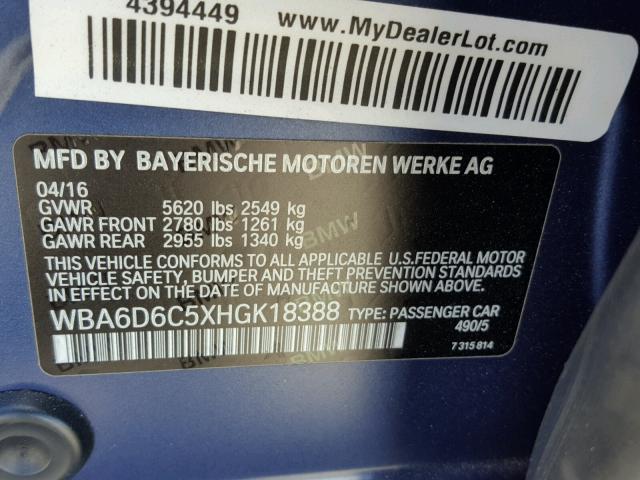 WBA6D6C5XHGK18388 - 2017 BMW 650 XI BLUE photo 10
