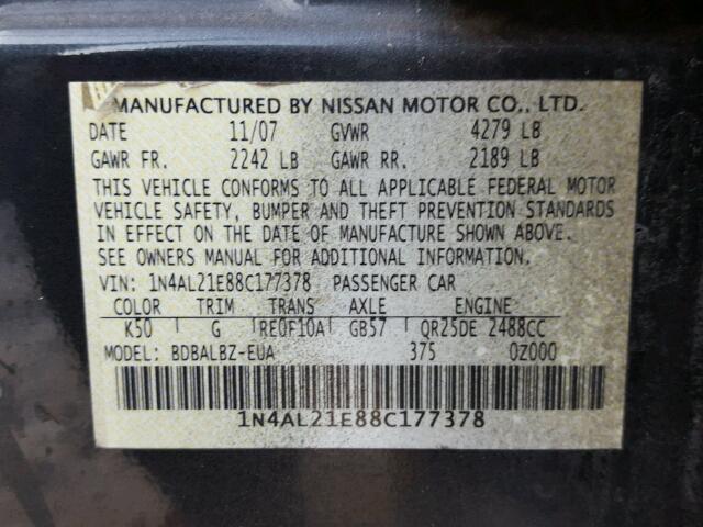 1N4AL21E88C177378 - 2008 NISSAN ALTIMA CHARCOAL photo 10