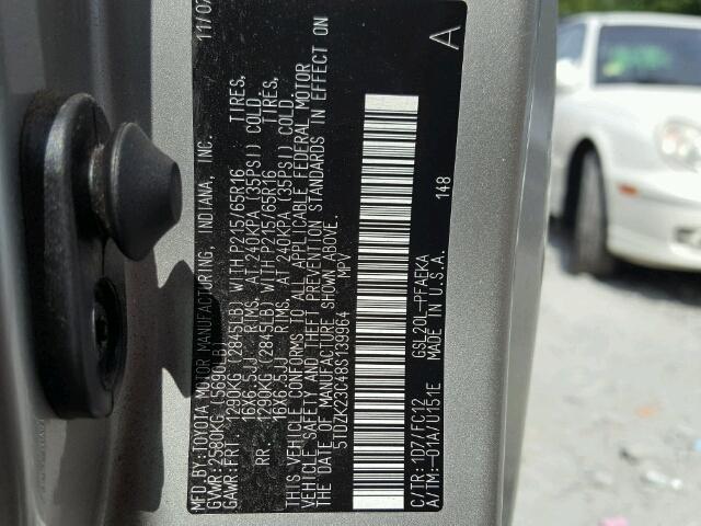 5TDZK23C48S139964 - 2008 TOYOTA SIENNA CE/ SILVER photo 10