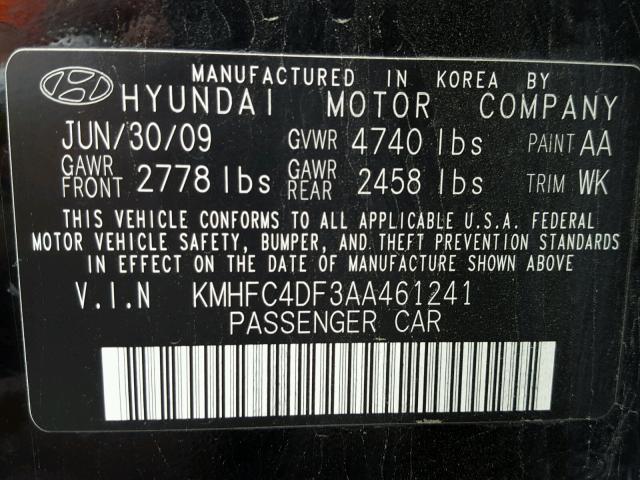 KMHFC4DF3AA461241 - 2010 HYUNDAI AZERA GLS BLACK photo 10